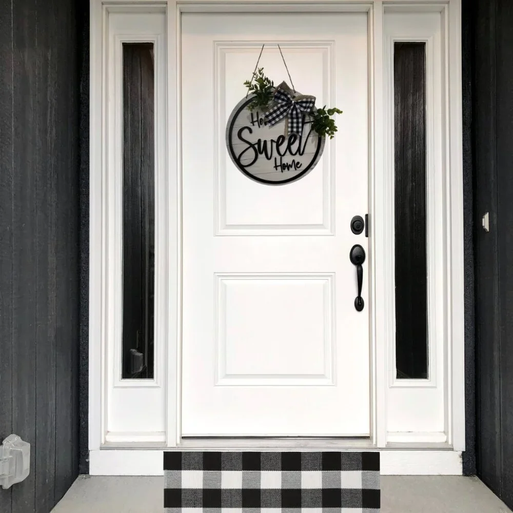 Home Sweet Home Front Door Hanging Sign with Buffalo Check Bow Farmhouse Shiplap